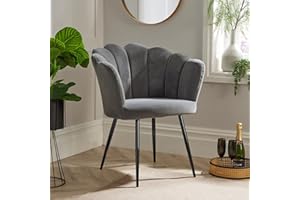 Home Source Velvet Scallop Shell Chair Wing Back Armchair Occasional Sofa, Grey, Black Metal Legs