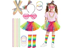 BSBUY Zestaw przebrania z lat 80-tych, akcesoria do kostiumu, spódniczka tutu dla dziewczynek, legginsy, rękawiczki z siatki, do dyskoteki, neonowy kostium na imprezę Tutu Fluo, kostium na imprezę