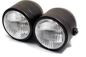 Alchemy Parts Retro Streetfighter Motorcycle Headlights | Motorbike Double Headlight Twin Dual Bulb 35W | Custom Dominator Warrior Bandit Trike (Black no Grill)