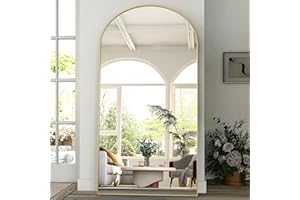 BEAUTYPEAK Grand Miroir Pleine Longueur Arqué 218 x 102 cm, sur Pied Bombé Suspendu ou Appuyé Contre le Mur, avec Support pour Chambre à Coucher, Salon ou Dressing, Doré