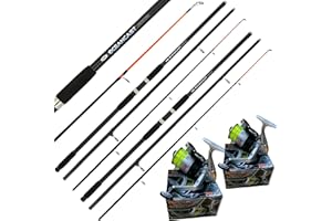 LIDSTERS FISHING SUPPLIES LTD 2 x 14FT OCEANCAST 3pc SEA FISHING RODS + 2 x SILK 70 YELLOW SEA BEACH REELS