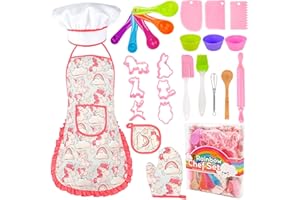 WISPLYE Chef-Set Koch-und Backset für Kinder, 26 Stück Backset Rollenspiele maßgeschneiderte Einhornmuster Schürzen und Kochmütze, Küchenspielzeug Zubehör, Geschenke für Mädchen 3-8 Jahre