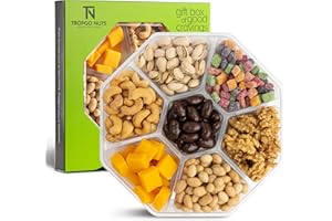 Tropgo 7 Sections Mixed Nuts & Chocolate Gift Box (Green) - Pistachios, Cashews, Peanuts, Mango Mini Cubes & Mango Bites, Walnuts & Chocolate Almonds -Couple Gifts Snack Box & Christmas Snacks