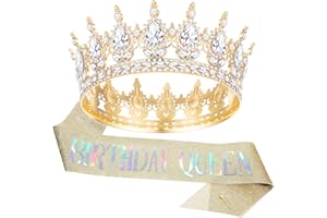 Grevosea Gold Crown for Women, Birthday Queen Crown and Sash Rhinestone Tiara Birthday Crowns Wedding Bridal Hair Accessories for Princess Party Photo Props