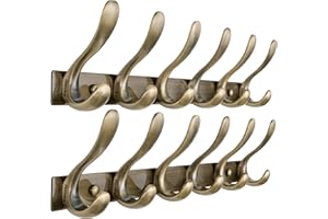HONSKY Wall Mouted Coat Hooks,44cm Metal Coat Rack Wall Mounted,Heavy Duty 6 Hooks Wall Coat Hook for Hanging Coat,Clothes,Hat,Jacket,Antique Bronze(2 Pack)