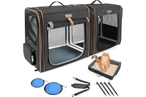 Lekeinchi 2-in-1 Hundebox Transportbox Katze für Mittelgroßes Haustier, Faltbare Katzentransportbox mit Starker Faserrahmen, Katzentoilette, 2 Schalen, 2 Haustiermatte, Groß, Schwarz（XL）