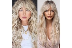 Allbell Blonde Perücke für Frauen lange lockige wellige Perücken mit Pony Blonde Perücke mit dunklen Wurzeln natürlich aussehendes Kunsthaar