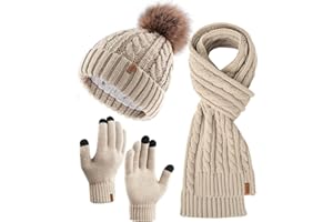 FURTALK Hat Scarf and Touchscreen Gloves Set for Women 3 in 1 Ladies Winter Beanie with Pom Pom Warm Fleece Lined
