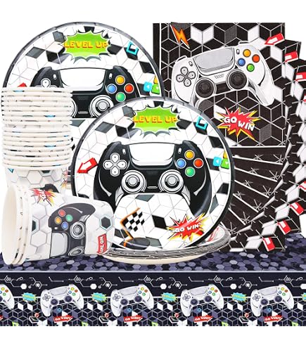 Ywediim Forniture Per Feste Per Videogiochi Set, Inclusi Happy Birthday Fondale da Gioco, Piatti, Tazze, Palloncini ,Tovaglie,Cannucce, per Ragazzi Compleanno Favors Party Decorazione Per (Serves 20