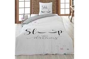 ‎FAMILANDO Familando Bettwäsche Set für Mädchen aus 100% Baumwolle (2-teilig), grau - Decken- & Kissenbezug 135x200 80x80 cm - Jugendbettwäsche mit Wimpern und Sternen - Hautfreundlich & atmungsaktiv, Öko-Tex