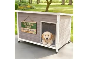 zooprinz Exklusive Hundehütte Jacky – aus wetterfestem & massivem Holz mit Metallrahmen, Dach zum Öffnen, Lamellentür & Kunststofffüßen – Hundehütte für Indoor und Outdoor (Hellgrau, M)