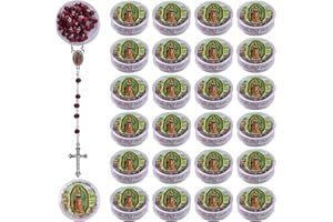 WANDIC 24PCS Bulk Red Scented Wooden Rosary Necklace with Cross Pendant, Catholic Rosarios with Round Storage Box for Baptism Favors and Communion Present