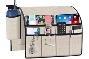 JOYWELL Champagne Armchair Caddy Organizer with Bottle Holder and 7 Pocket Storage, Armrest Organizer Couch Recliner for Magazine, Tablet, Phone, iPad, Remote Contral Holder Sofa Arm Chair Caddie Tweed Look