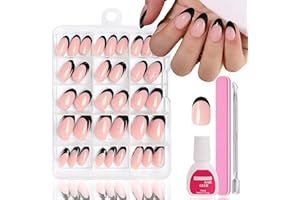 MrCuvaryas 240 sztuk French Press On Nails Short Almond, Full Cover tipsy krótkie do paznokci żelowych, sztuczne paznokcie z klejem, akrylowe tipsy do naklejania, 12 rozmiarów, czarne i nude