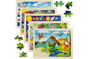 Kulveanju Holzpuzzle Kinder ab 3 4 Jahre - 5 Set 60 Teile Tier Dino Puzzle Kinder, Vorschule Lehrreiches Montessori Holzspielzeug, Steckpuzzle Holz Spielzeug Geschenk für Kleinkind Jungen und Mädchen