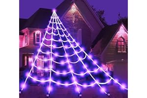 ANIEPAA TelarañAs Halloween Decoracion Exterior,Halloween Decoracion Casa Incluir TelarañA De 6 * 7m, 400 LED Púrpura, 8 Modos De IluminacióN,Tela De ArañA Halloween Decorar JardíN De Fiesta