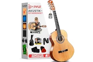 Pyle ¼ Gitarre Kinder ab 3 Jahre, Akustik Gitarre, Kindergitarre inkl. Tasche, Plektrum, Gurt & Saiten- Zubehör, Acoustic Guitar im Natur Holz, Konzertgitarre Ideal für Anfänger & Musikliebhaber