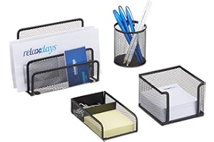 ‎RELAXDAYS Relaxdays 4-częściowy zestaw organizerów biurkowych, metalowe akcesoria z półką na listy, uchwyt na długopisy i pudełko na karteczki, kolor czarny