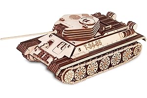 EWA Eco-Wood-Art 3D Puzzle Erwachsene 3D Holzpuzzle mit Gummibandmotor, Rädern & rotierender Kanone 965 Teile DIY Holzpanzer Modellbausatz T-34-85 Erwachsene & Jugendliche 14+