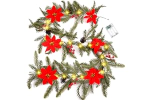 JOFONY Girlanda bożonarodzeniowa z oświetleniem, 1,8 m, girlanda choinkowa z kwiatami, szyszkami jodłowymi i czerwonymi jagodami, sztuczna girlanda bożonarodzeniowa z 35 diodami LED na drzwi wejściowe