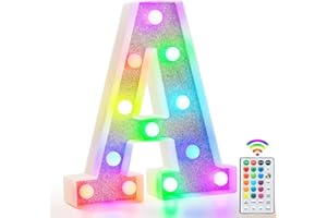 VIMLITS Colorful Light Up Letters, Glitter LED Letter Lights 18 Color Changing Shiny Alphabet Sign Gifts for Girls Women Party Birthday Decorations Remote Night Light Christmas Valentine Wall Table Decor - A