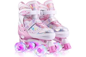Hikole Pattini a Rotelle Bambina Regolabili Pattini a 4 Ruote in PU Luminose Pattini a Rotelle per Bambini Pattini Rotelle Principianti da Strada