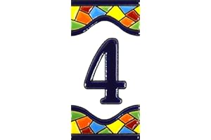 ART ESCUDELLERS Numéro maison. Écriteaux avec numéros et lettres. Carreaux de céramique polychromée, peints à la main dans technique corde sèche (cuerda seca) pour plaques avec numéros, noms, directions et signalisation. Un texte personnalisable. Dessin MOSAICO MEDIANO 10,9 cm x 5,4 cm. (NUMÉRO QUATRE "4")