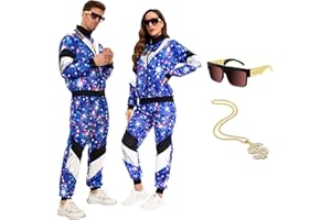 WELLCHY 80s 90s Outfit Herren Damen, Kostüm 80s Tracksuit Disco Jacke und Hose, 80s 90s Retro Anzug Jogging Anzug Unisex mit Halsketten Brille für Bad Taste Party, Karneval(L)