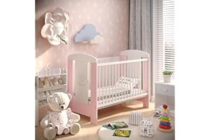 LCP Kids Lit Bebe 120x60 avec Matelas, 3 Niveaux du Sommier, 3 Barreaux Amoviable, Rose Blanc