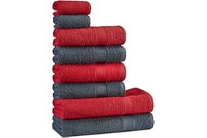 Tuiste Handtuch Set Grau Rot |%100 Baumwolle Frotee Handtücher Set 8 Teilig | 2X Badetücher Set, 4X Handtücher, 2X Gästetücher | Weich und Saugstark | Fabre: Grau - Rot