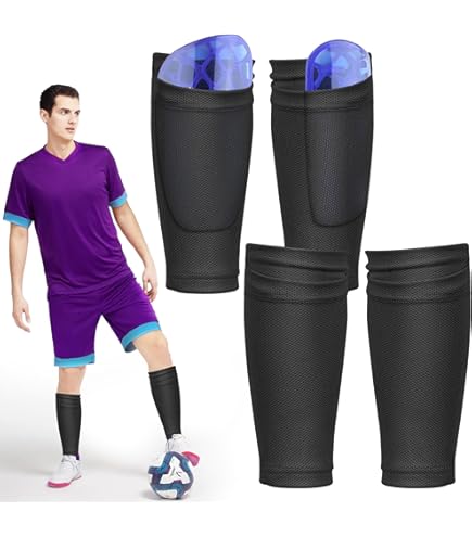 Chaussettes De Football Avec Protège-tibias Intégrés - 2 Paires Bleues, Taille Adulte, Mollet Jusqu'à 43 Cm - Tissu Respirant Et élastique