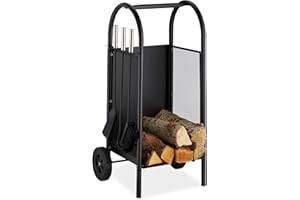 Relaxdays Carrello Portalegna con 3 Accessori, Mobiletto in Acciaio, da Camino, Paletta, Scopino & Attizzatoio, Nero