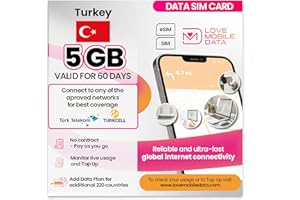 LOVE 2 SURF Love Mobile Data Only Sim Card - International Multi-Network 4G/5G Prepaid Pay As You Go Data Sim for Mobile Phones, WiFi Routers, & More, UK & Turkey - 5GB for 60 Days