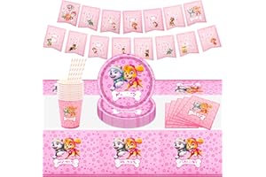 NTGFU 52Pcs Party Tableware Set, Pink Dog Party Supplies Set with Paper Plates Cups Napkins and Tablecloth , Cartoon Party Decorations, Kids Birthday Party Decorations