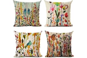 LYNKO Cushion Covers 45 x 45cm,Set of 4 Linen Pillow Covers Decorations Flower Bird Of Life Pattern for Sofa, Outdoor Garden, Bed, Couch, Car(18"x18")