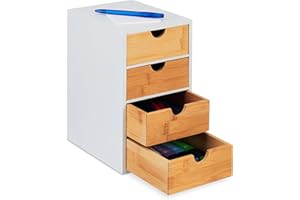 Relaxdays Pudełko z szufladami, bambus, 4 szuflady, wys. x szer. x gł.: 27,5 x 16,5 x 21 cm, organizer na biurko, do biura, naturalny/biały
