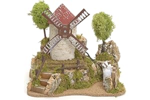 Holyart Molino de Viento Eléctrico Entre los Árboles - Madera, Corcho - Decoración de Pesebre - Rústico - Marrones, Verdes, Negro, Metalico