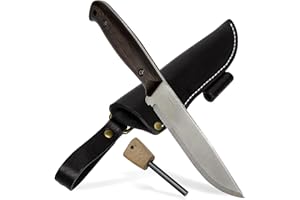 BPSKNIVES Nighthawk Adventurer - Couteau de Camping en Acier Inoxydable à Lame Fixe - Étui en Cuir Noir et Allume-feu - Couteau à Lame Pleine Soie Bushcraft