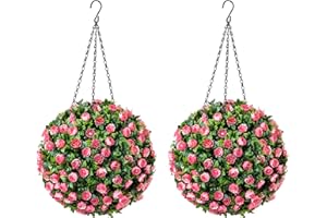 CHRISTOW Pair of Artificial Rose Topiary Balls, 28cm Faux Leaf Hanging Ornaments, Pink & White Flowers, Decorative Outdoor Garden Plants, Lifelike Foliage, UV Protected, Pre-Attached Chain with Hook