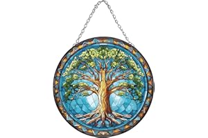 IGEAIIE 6-Inch Glass Suncatcher, Beautiful Window Hanging Ornament, Tree of Life Stained Glass Sun Catcher for Home Decoration, Rainbow Maker for Living Room, Office, or Garden
