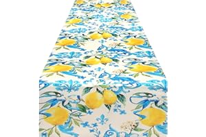 THKO Tischläufer Modern 180 cm Lang, Table Runner Abwaschbar Leinenoptik Läufer Tisch Frisches Leinen und Blau Zitrone Tischdecke Läufer 33×183cm Tischdecke Tischläufer Frühling Outdoor für Party Hochzeit