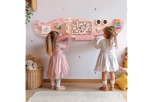 ROBUD Wooden Wall-Mounted Busy Board, 8-In-1 Activity Center Kids Montessori Toy with Magnetic Bead Maze, Block Match, Xylophone, Gears, Kids Toddlers Educational Toy Gift