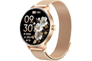 Smartwatch Damen Rund, 1.27" AMOLED Smart Watch mit Telefonfunktion, Fitnessuhr mit Pulsuhr SpO2 Schlafmonitor Schrittzähler, 120+ Sportmodi Sportuhr IP68 Wasserdicht, Uhren Damen für iOS Android Gold