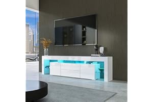 Senvoziii 200cm Modern High Gloss TV Stand Cabinet Unit with 2 Doors 2 Drawers LED Light for Living Room Bedroom with Ample Storage Furniture - White