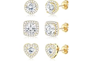JeweBella Boucles d'oreilles Femme en Argent 925 Plaqué Or 18 Carats Clou d'Oreilles Ensemble Zirconium Rond Carré Cœur Brillant Grand Diamant Boucles d'oreilles Clou Argent/Or