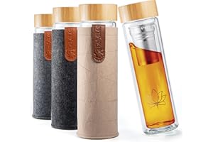 REFYLL Tea Bottle with Filter "teaFyll" 450ml I Tea Bottle with Infuser to Go 0.5l for Hot & Cold Tea I Double-Walled Borosilicate Glass Bottle + Fruit Infuser for Iced Tea & Infused Water.