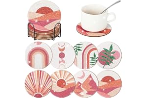Dmiuhbl 8Pcs Diamond Painting Coasters with Holder DIY Abstract Plant Diamond Art Coasters Kits for Beginners Adults And Kids Art Craft Supplies Gifts