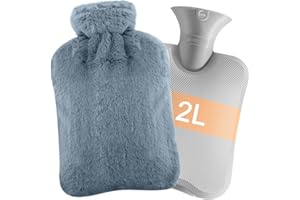HILEYOLLA Bouillotte Eau Chaude 2L, Bouillotte Douce avec Housse en Peluche, Soulage la Douleur - Enfant et Adulte, Antifuite en Caoutchouc, Amovible