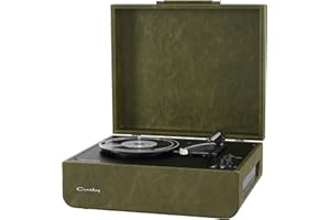 Crosley Mercury Gramofon w stylu retro, z 2 głośnikami, Bluetooth In/Out i AUX – 3 Speed – do winylu 7", 10" i 12" – przenośny, z wbudowaną walizką – zielony wygląd skóry