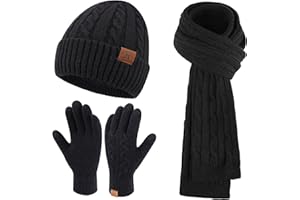 ZASFOU Femme Hiver Bonnet Chapeau Écharpe Écran Tactile Gants Ensemble Chaud Tricot Polaire Doublé Casquette Foulard Gant Cadeaux de Noël Anniversaire pour Femmes